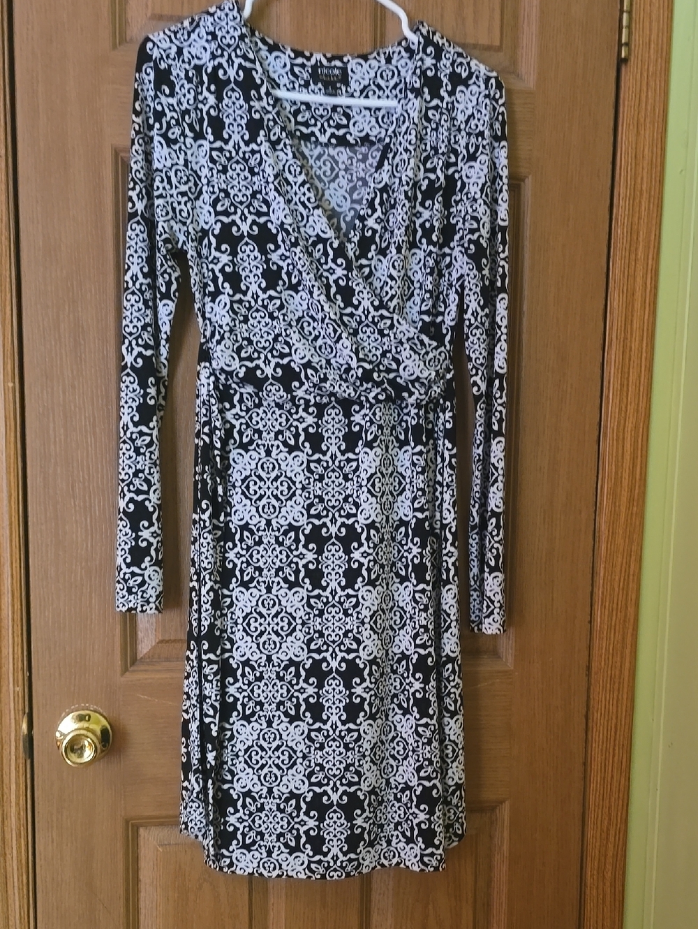 Nicole Black and White Long Sleeve Wrap Dress